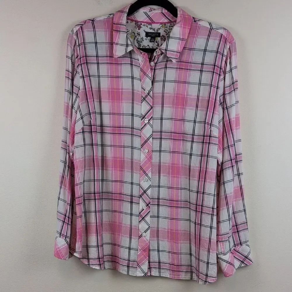 Talbot's Pink Plaid Button Front Blouse Top Size PXL